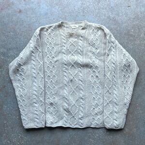 JCrew Oarsman Mens Crewneck Cable Knit Sweater Cream 100% Wool Heavyweight Large